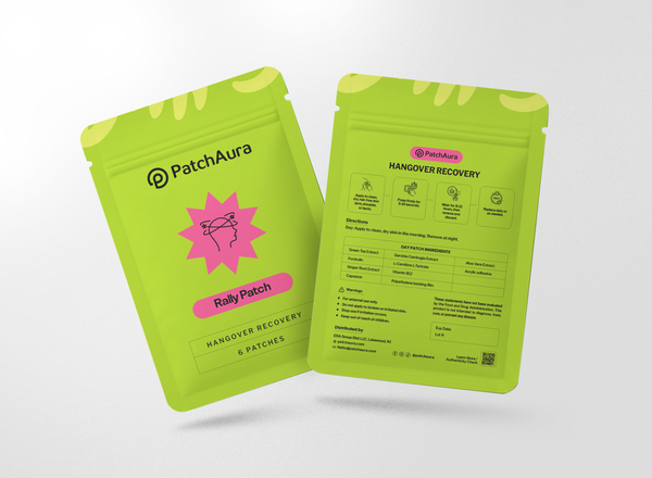 Two green packages of PatchAra hangover recovery patches on a white background