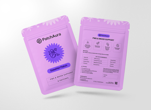 Two purple packages of PatchAura patches on a white background