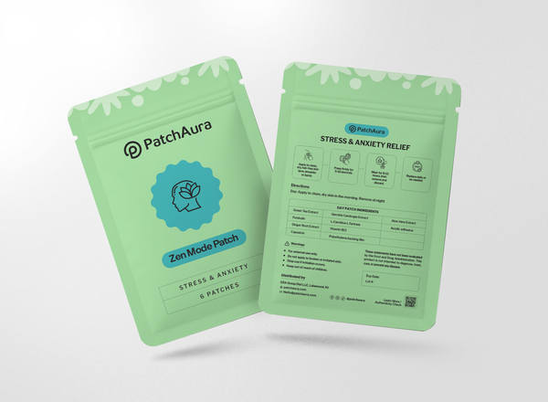 Two green packages of PatchAra Zen Mode Patch on a white background