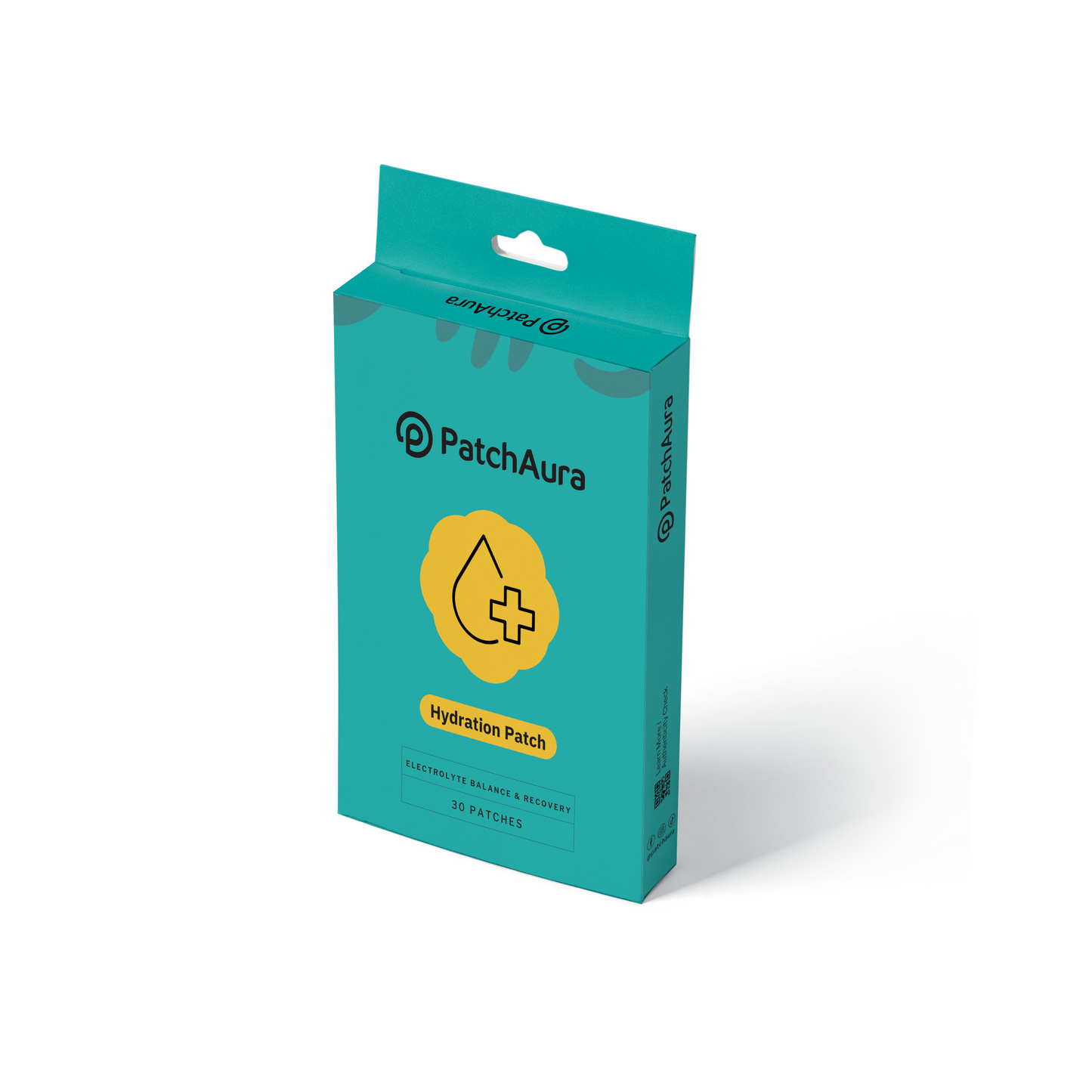 Teal packaging of PatchAura with a yellow logo on a white background