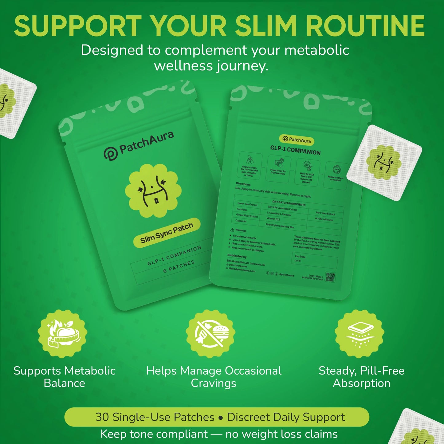 PatchAura SlimSync Patch – GLP-1 Companion & Metabolic Support (30 Patches)
