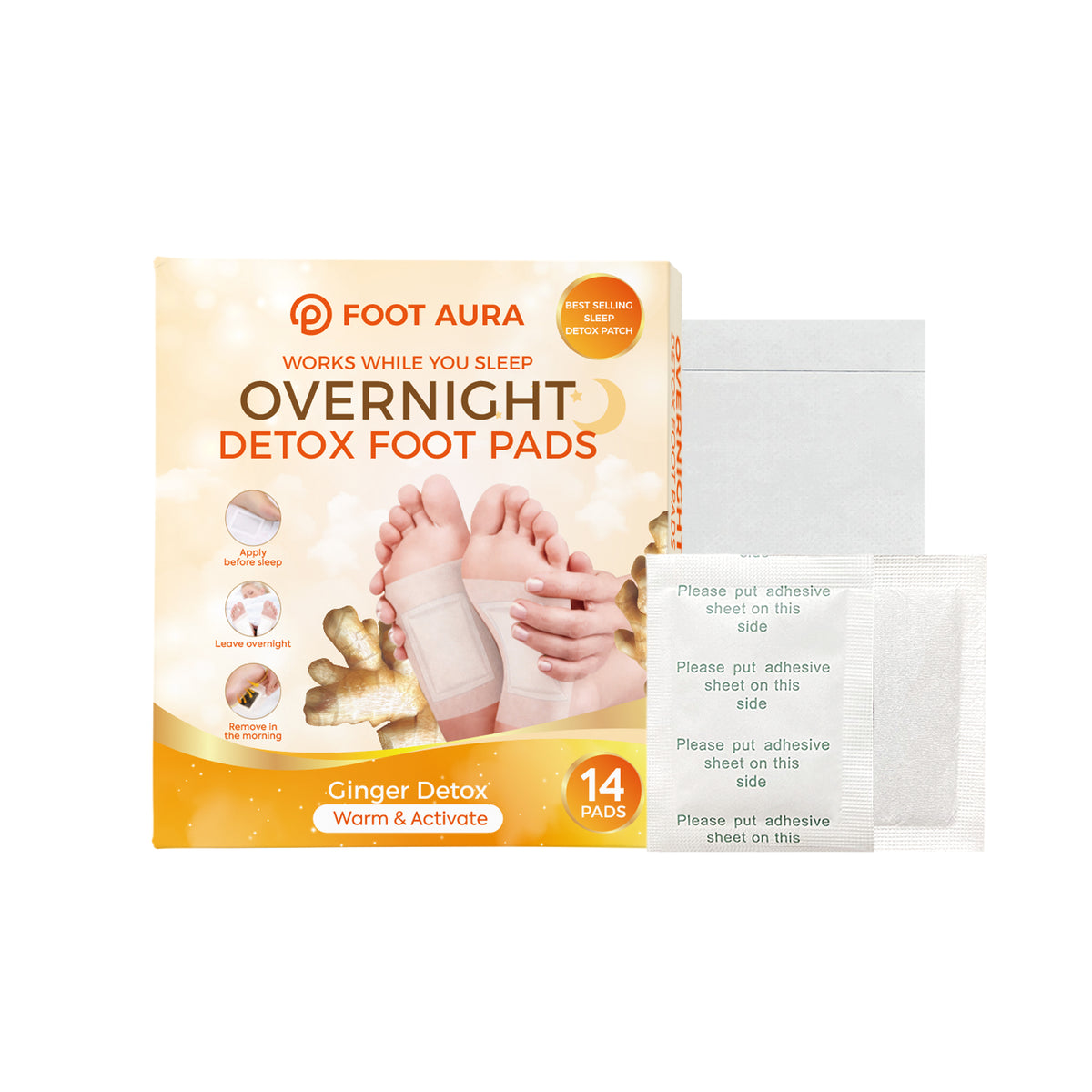 FootAura Overnight Foot Patches – Detox & Circulation Support – Ginger Extract – Warm, Stimulate & Restore Overnight – 14 Count