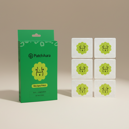 Green packaging of PatchAura with four white patches featuring green logos on a beige background.